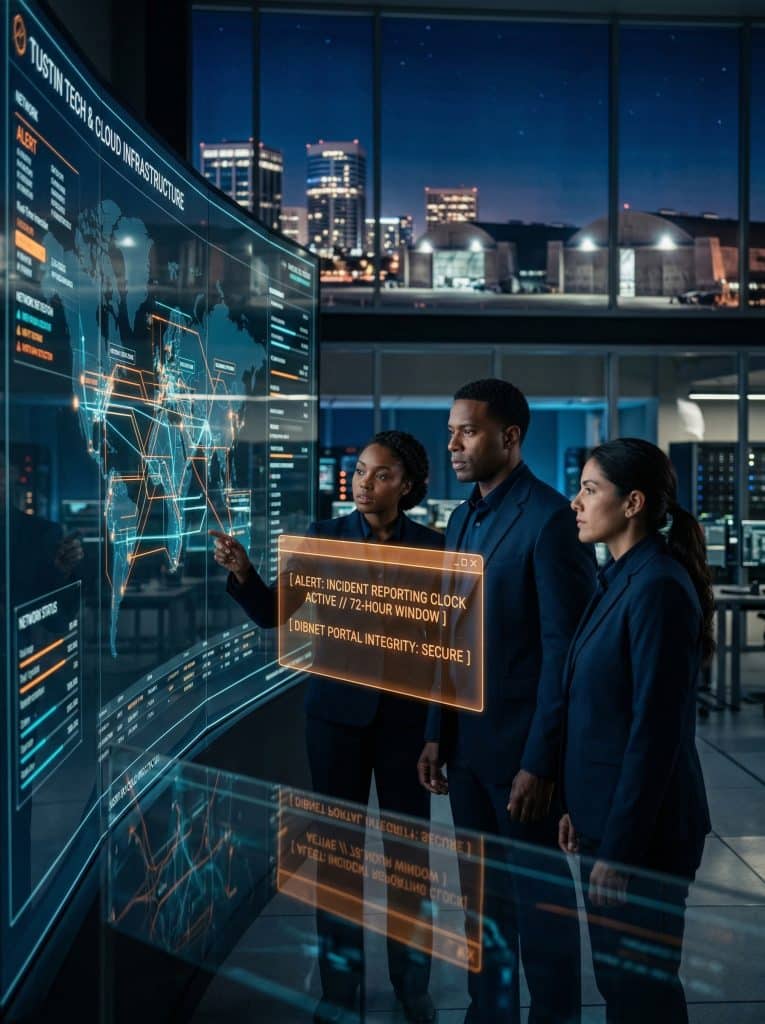 Cybersecurity operations team walking through high-tech command center near Tustin, CA with digital threat intelligence dashboards in the background