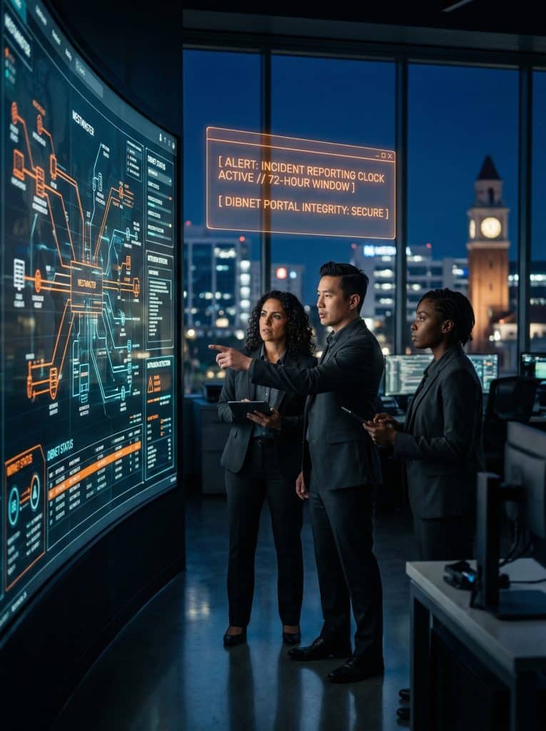 Cybersecurity operations team walking through high-tech command center near Westminster, CA with digital threat intelligence dashboards in the background