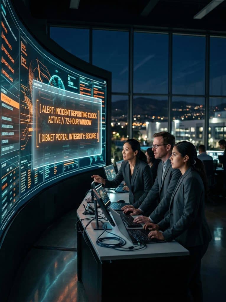 Cybersecurity operations team walking through high-tech command center near Whittier, CA with digital threat intelligence dashboards in the background