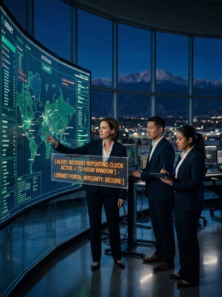 Cybersecurity operations team walking through high-tech command center near Colorado Springs, CO with digital threat intelligence dashboards in the background
