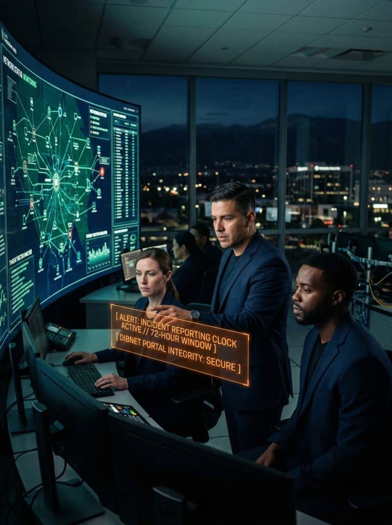 Cybersecurity operations team walking through high-tech command center near West Covina, CA with digital threat intelligence dashboards in the background