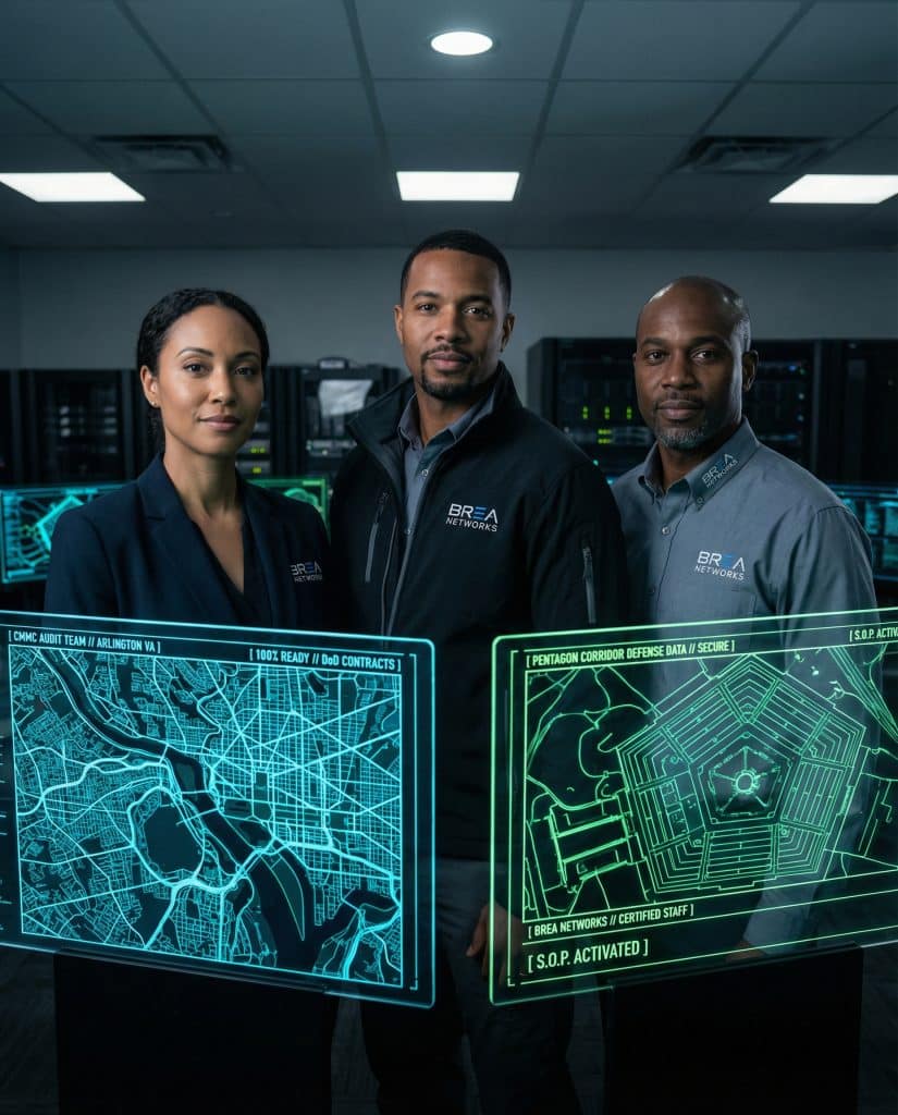 Arlington VA CMMC Levels compliance on a holographic display overlooking the Pentagon at dusk.