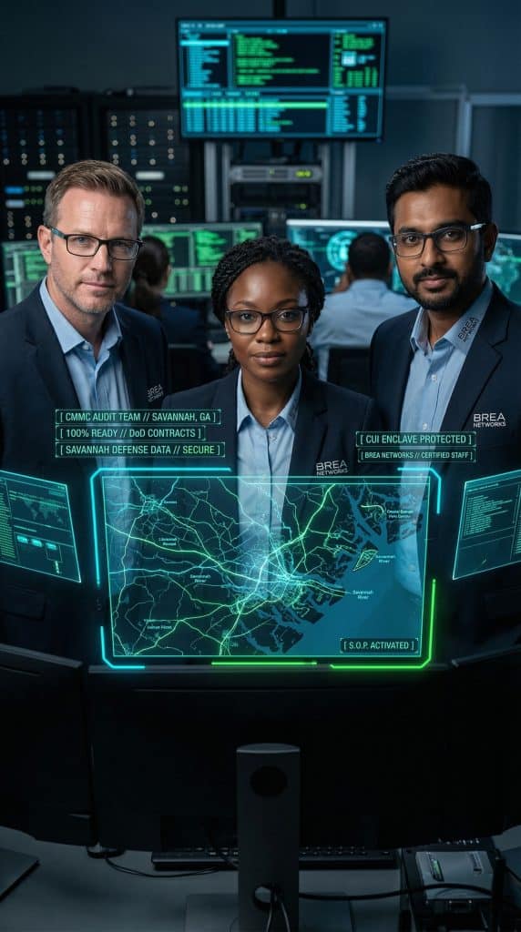 Savannah GA CMMC Levels compliance on a holographic display overlooking the Pentagon at dusk.