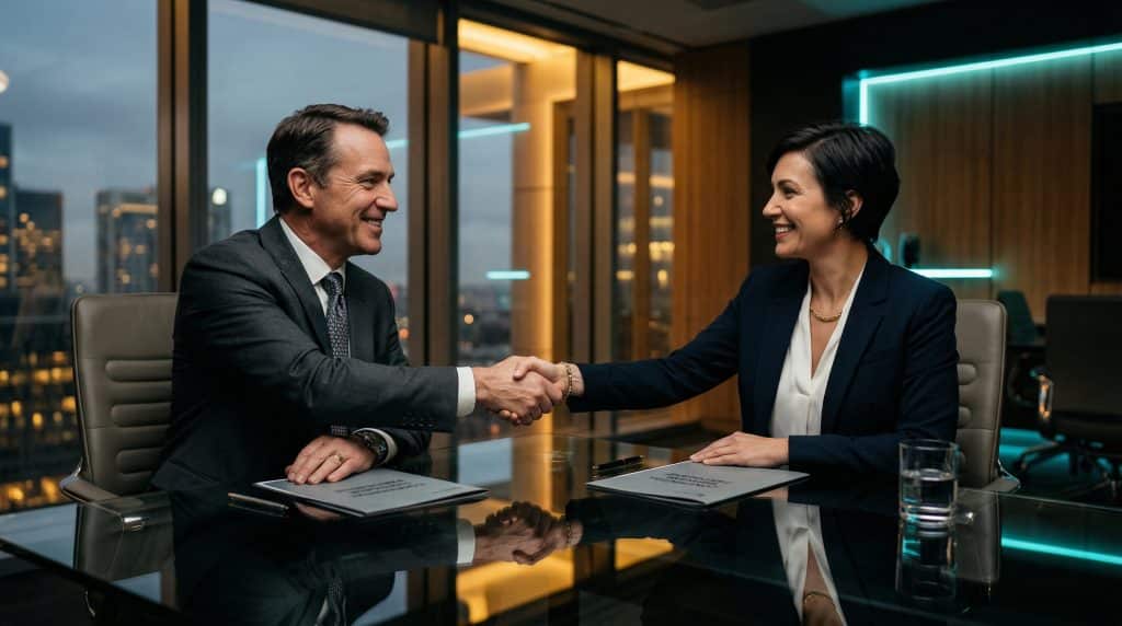 Two professional executives shaking hands across a modern boardroom table, finalizing a secure Microsoft GCC High and CMMC cybersecurity partnership with Brea Networks in Billings MT.