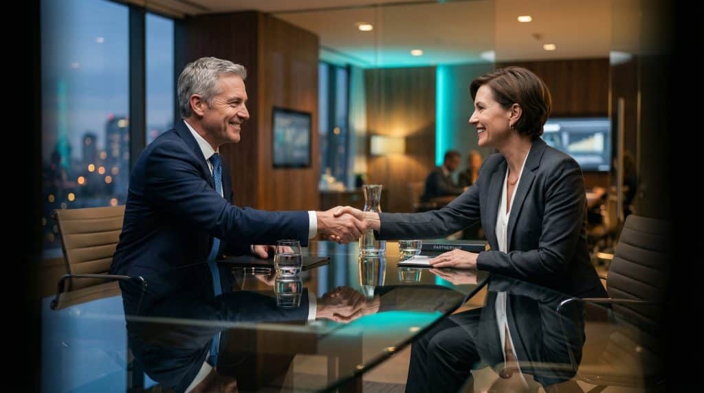 Two professional executives shaking hands across a modern boardroom table, finalizing a secure Microsoft GCC High and CMMC cybersecurity partnership with Brea Networks in Anaheim, CA.