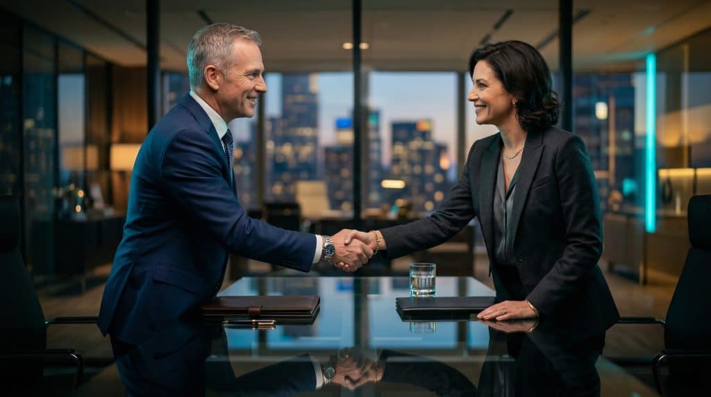 Two professional executives shaking hands across a modern boardroom table, finalizing a secure Microsoft GCC High and CMMC cybersecurity partnership with Brea Networks in Aliso Viejo, CA.