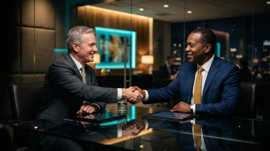 Two professional executives shaking hands across a modern boardroom table, finalizing a secure Microsoft GCC High and CMMC cybersecurity partnership with Brea Networks in Arlington, TX.