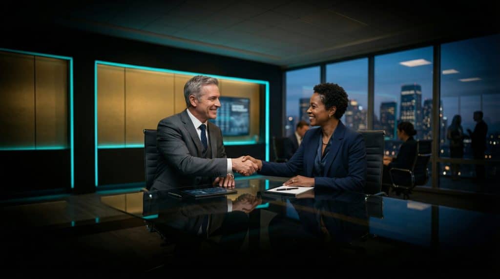 Two professional executives shaking hands across a modern boardroom table, finalizing a secure Microsoft GCC High and CMMC cybersecurity partnership with Brea Networks in Beverly Hills, CA.