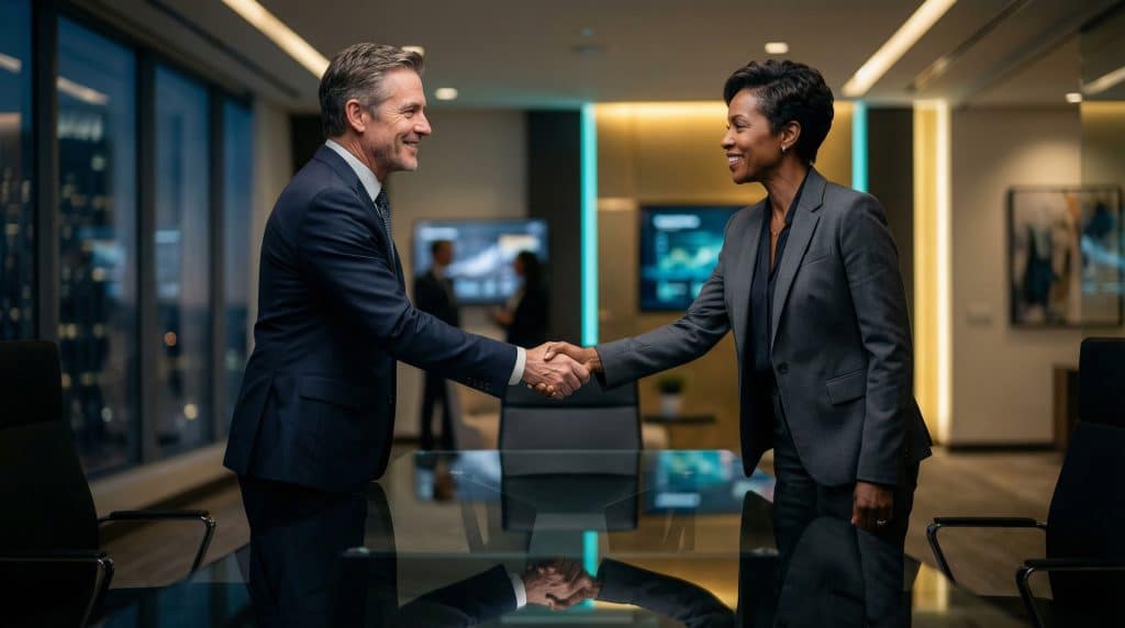 Two professional executives shaking hands across a modern boardroom table, finalizing a secure Microsoft GCC High and CMMC cybersecurity partnership with Brea Networks in Azusa, CA.