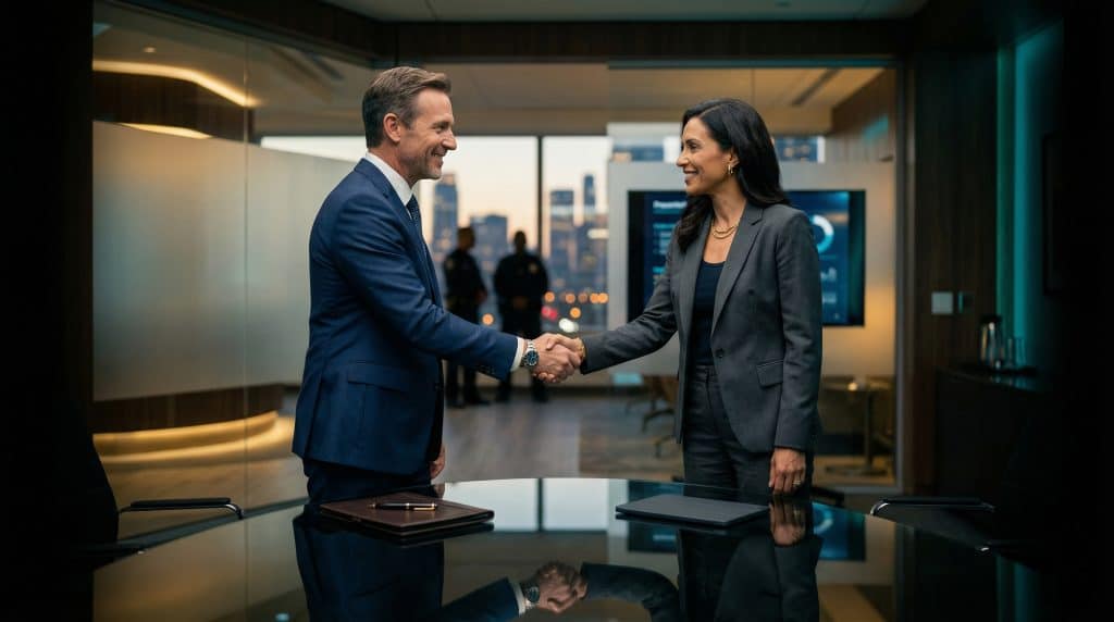 Two professional executives shaking hands across a modern boardroom table, finalizing a secure Microsoft GCC High and CMMC cybersecurity partnership with Brea Networks in Baldwin Park, CA.