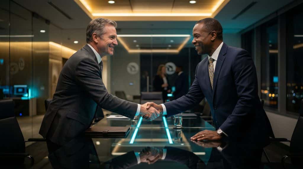 Two professional executives shaking hands across a modern boardroom table, finalizing a secure Microsoft GCC High and CMMC cybersecurity partnership with Brea Networks in Boise, ID.