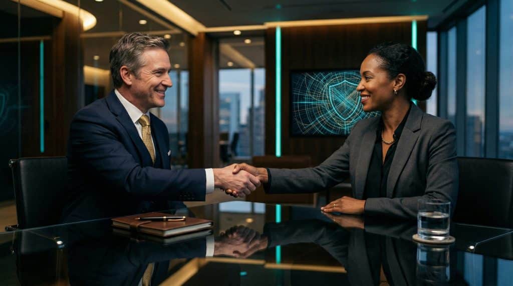 Two professional executives shaking hands across a modern boardroom table, finalizing a secure Microsoft GCC High and CMMC cybersecurity partnership with Brea Networks in Boulder, CO.