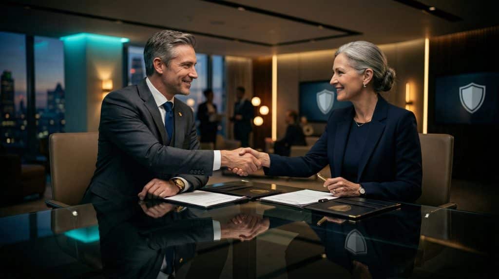 Two professional executives shaking hands across a modern boardroom table, finalizing a secure Microsoft GCC High and CMMC cybersecurity partnership with Brea Networks in Brea, CA.