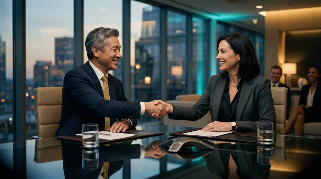 Two professional executives shaking hands across a modern boardroom table, finalizing a secure Microsoft GCC High and CMMC cybersecurity partnership with Brea Networks in Carson, CA.