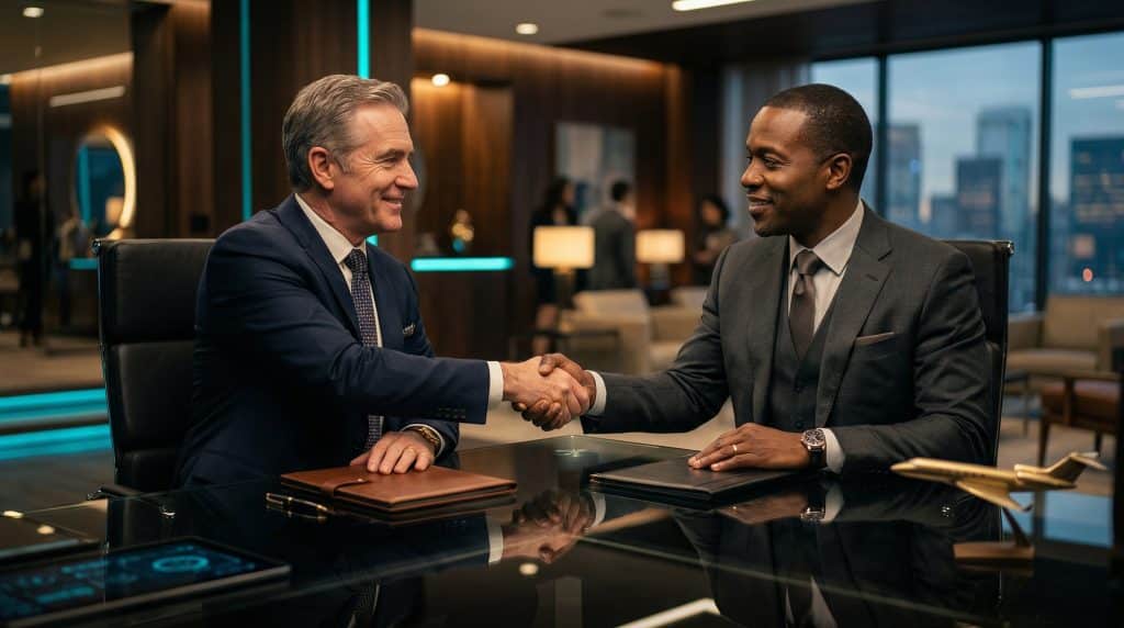 Two professional executives shaking hands across a modern boardroom table, finalizing a secure Microsoft GCC High and CMMC cybersecurity partnership with Brea Networks in Cheyenne, WY.