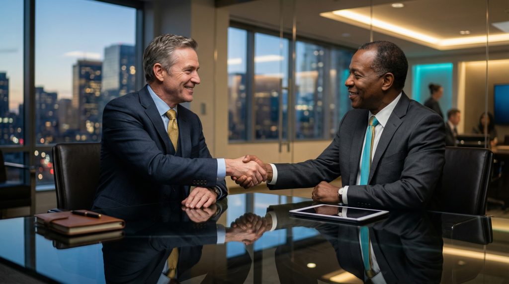 Two professional executives shaking hands across a modern boardroom table, finalizing a secure Microsoft GCC High and CMMC cybersecurity partnership with Brea Networks in Chino Hills, CA.