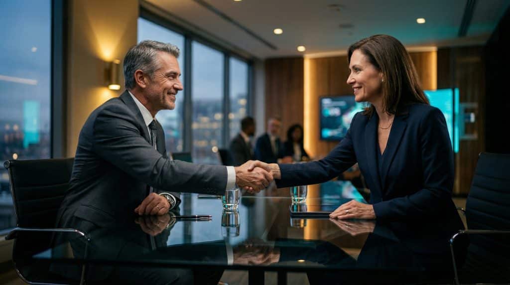 Two professional executives shaking hands across a modern boardroom table, finalizing a secure Microsoft GCC High and CMMC cybersecurity partnership with Brea Networks in Chino, CA.