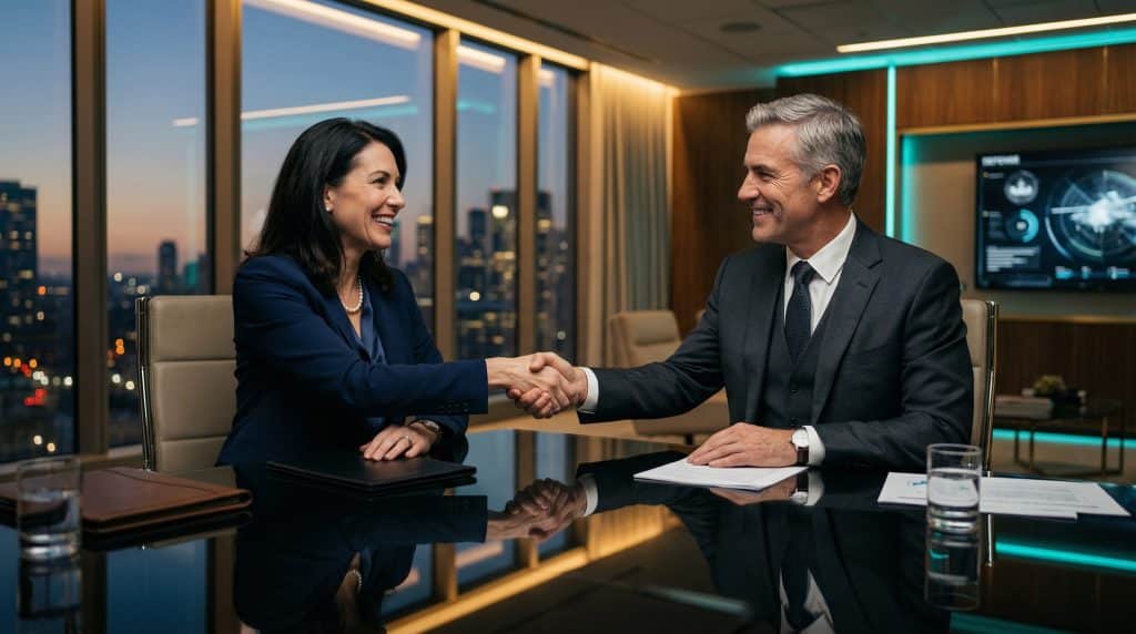 Two professional executives shaking hands across a modern boardroom table, finalizing a secure Microsoft GCC High and CMMC cybersecurity partnership with Brea Networks in City of Industry, CA.