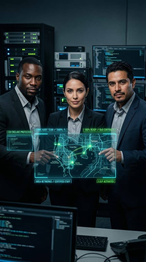 Tampa Fl CMMC Levels compliance on a holographic display overlooking the Pentagon at dusk.