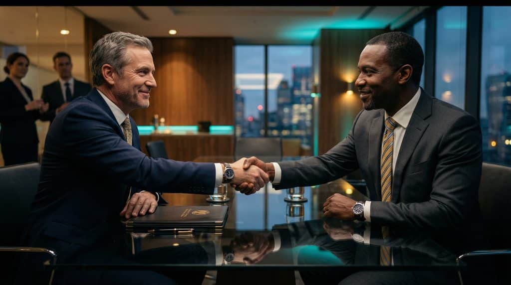 Two professional executives shaking hands across a modern boardroom table, finalizing a secure Microsoft GCC High and CMMC cybersecurity partnership with Brea Networks in Colorado Springs, CO.