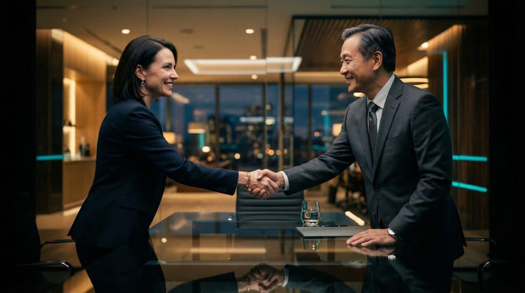 Two professional executives shaking hands across a modern boardroom table, finalizing a secure Microsoft GCC High and CMMC cybersecurity partnership with Brea Networks in Compton, CA.