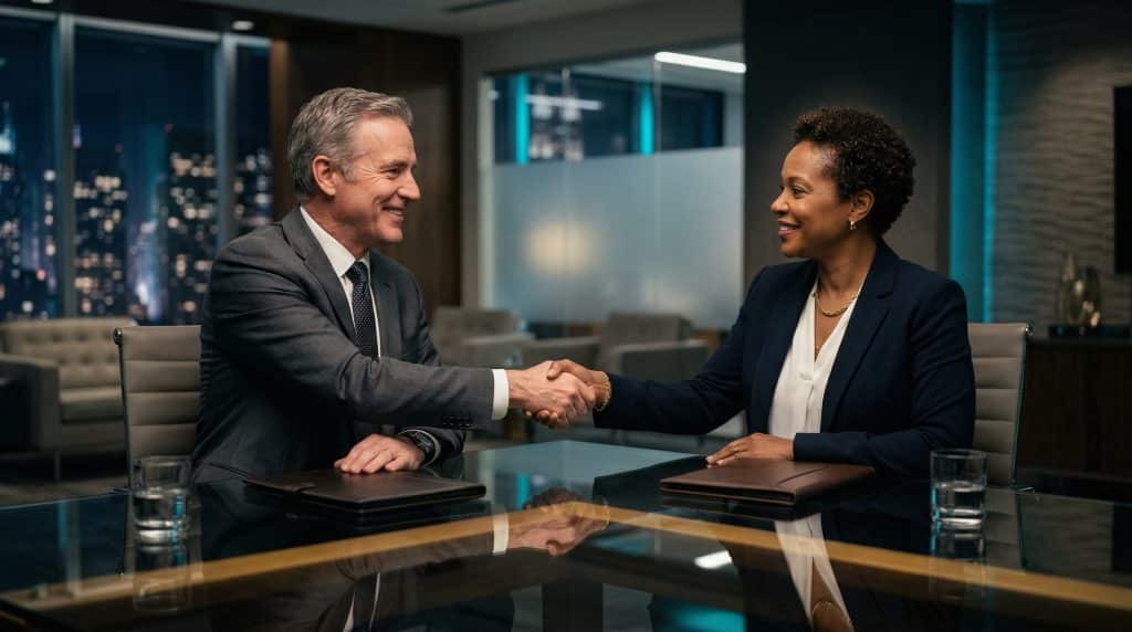 Two professional executives shaking hands across a modern boardroom table, finalizing a secure Microsoft GCC High and CMMC cybersecurity partnership with Brea Networks in Corona, CA.