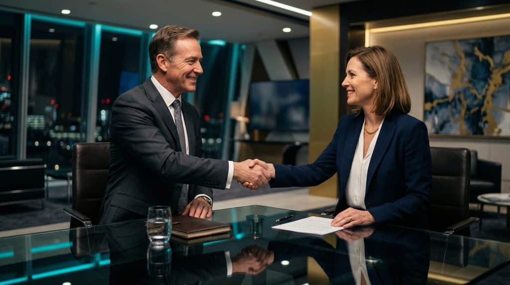 Two professional executives shaking hands across a modern boardroom table, finalizing a secure Microsoft GCC High and CMMC cybersecurity partnership with Brea Networks in Costa Mesa, CA.