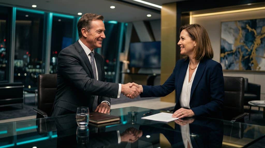 Two professional executives shaking hands across a modern boardroom table, finalizing a secure Microsoft GCC High and CMMC cybersecurity partnership with Brea Networks in Covina, CA.