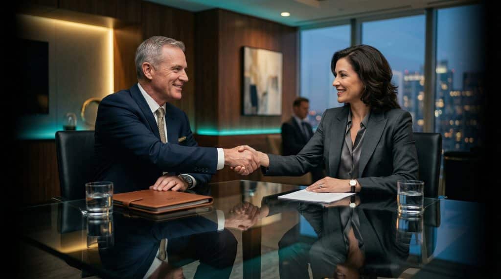 Two professional executives shaking hands across a modern boardroom table, finalizing a secure Microsoft GCC High and CMMC cybersecurity partnership with Brea Networks in Culver City, CA.