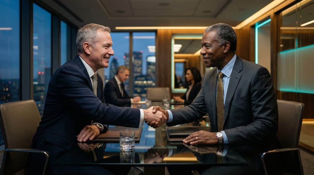 Two professional executives shaking hands across a modern boardroom table, finalizing a secure Microsoft GCC High and CMMC cybersecurity partnership with Brea Networks in Cypress, CA.