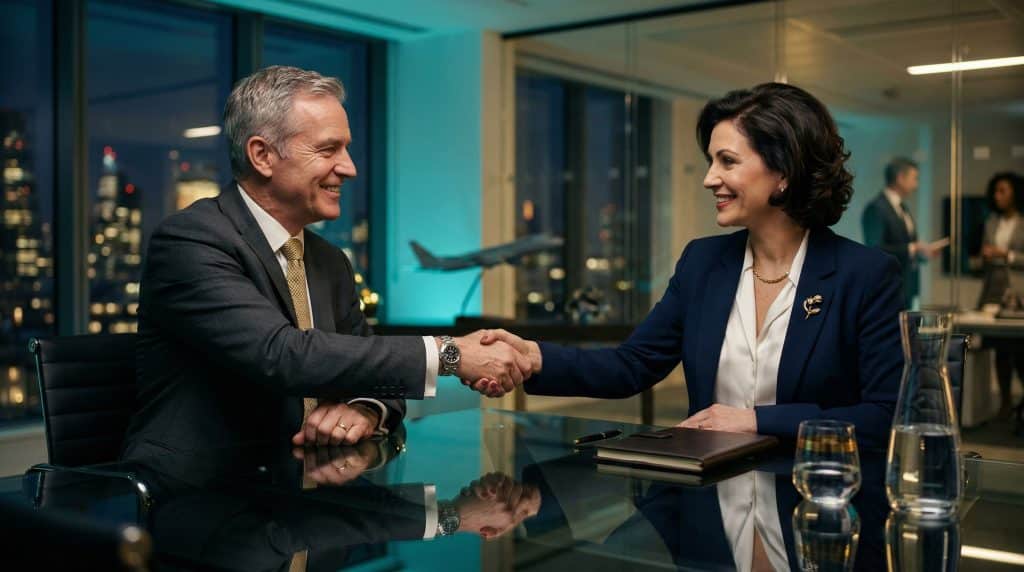 Two professional executives shaking hands across a modern boardroom table, finalizing a secure Microsoft GCC High and CMMC cybersecurity partnership with Brea Networks in Dallas, TX.