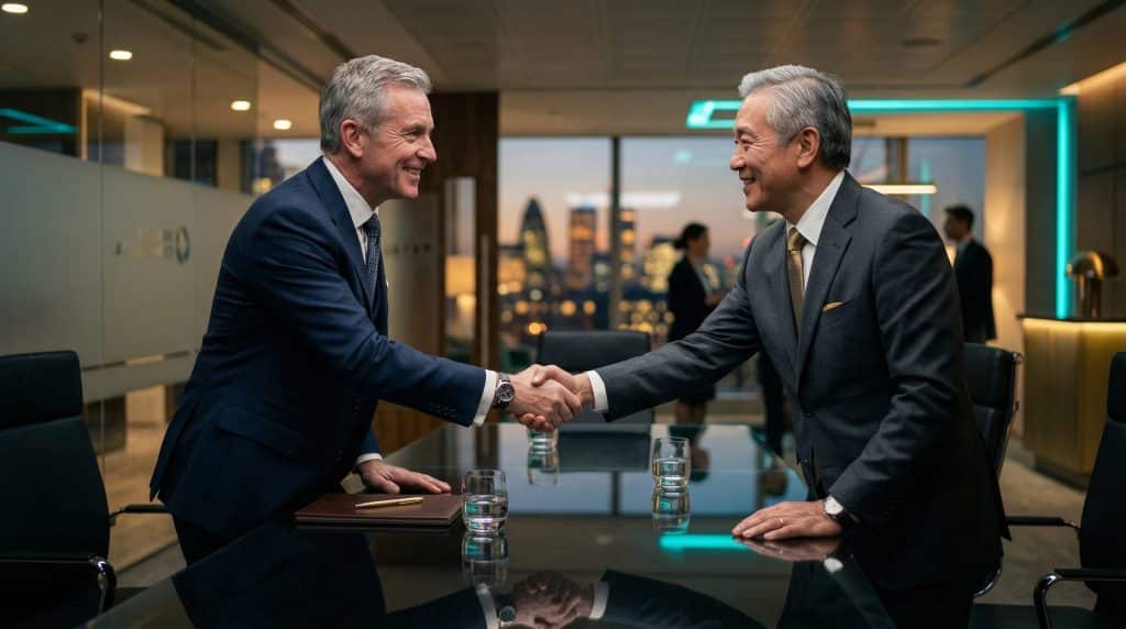 Two professional executives shaking hands across a modern boardroom table, finalizing a secure Microsoft GCC High and CMMC cybersecurity partnership with Brea Networks in Dana Point, CA.