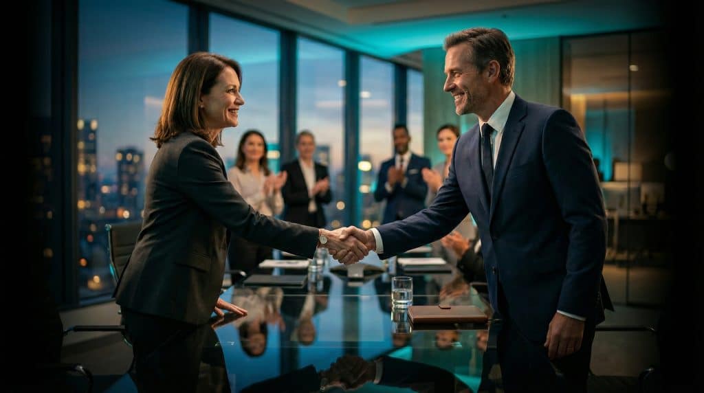 Two professional executives shaking hands across a modern boardroom table, finalizing a secure Microsoft GCC High and CMMC cybersecurity partnership with Brea Networks in Irvine, CA.