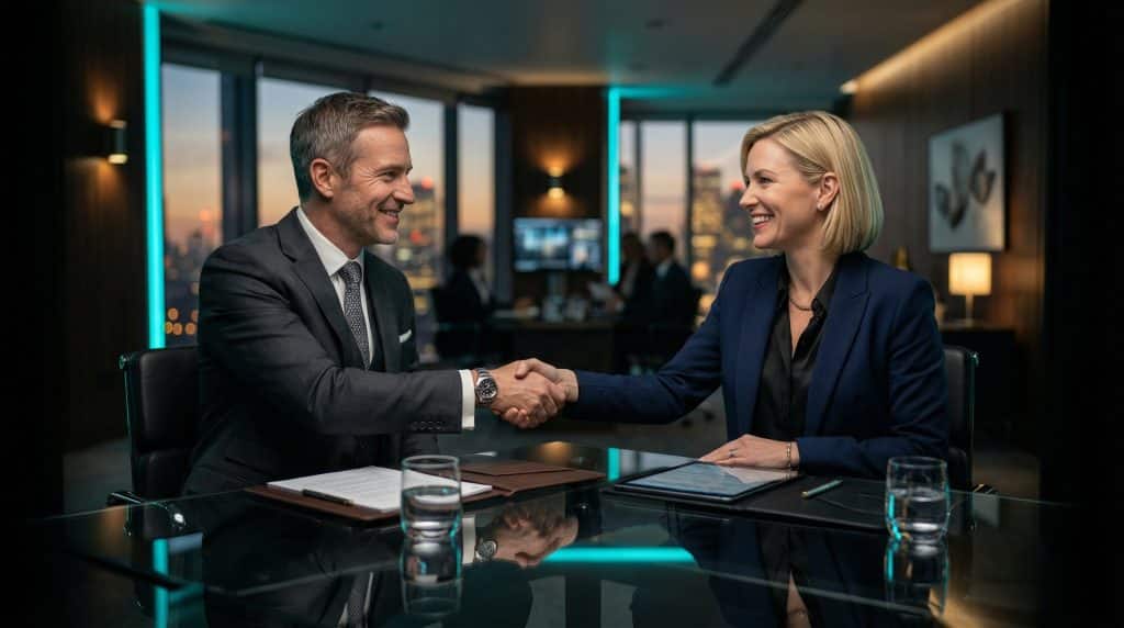 Two professional executives shaking hands across a modern boardroom table, finalizing a secure Microsoft GCC High and CMMC cybersecurity partnership with Brea Networks in Denver, CO.