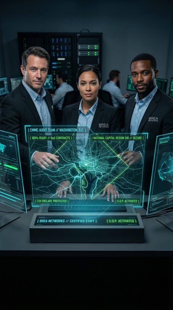 Washington DC CMMC Levels compliance on a holographic display overlooking the Pentagon at dusk.