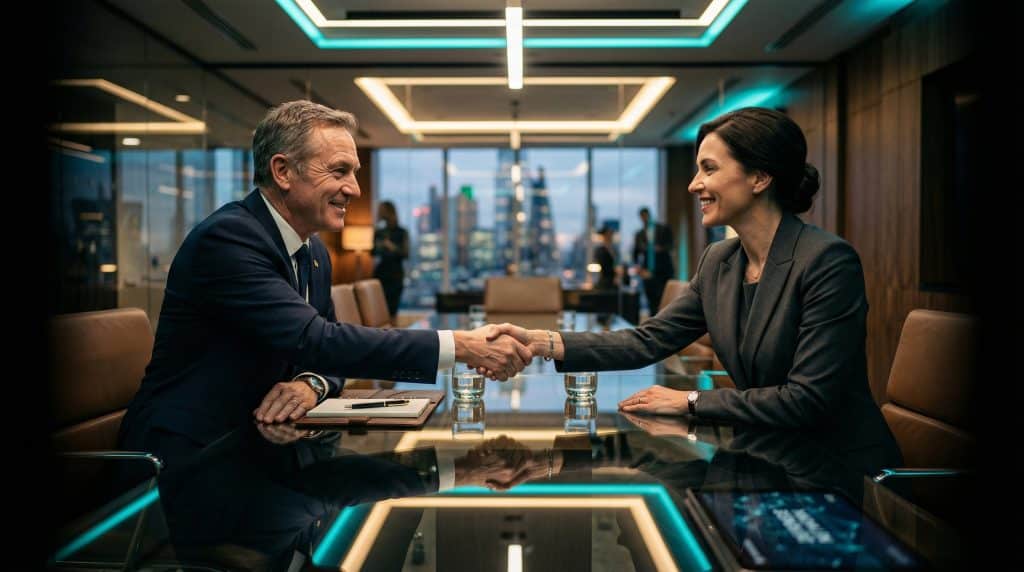 Two professional executives shaking hands across a modern boardroom table, finalizing a secure Microsoft GCC High and CMMC cybersecurity partnership with Brea Networks in Diamond Bar, CA.