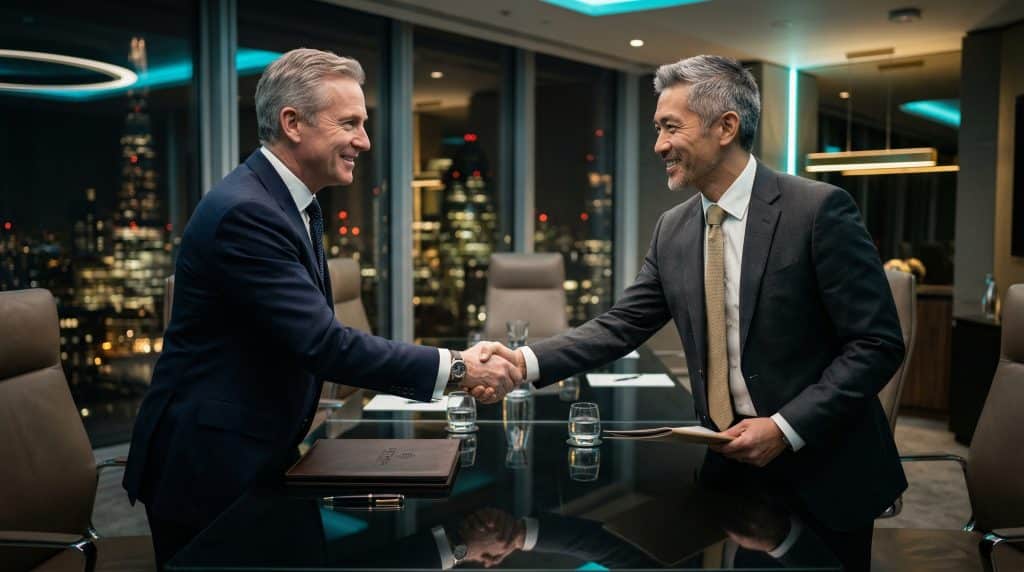 Two professional executives shaking hands across a modern boardroom table, finalizing a secure Microsoft GCC High and CMMC cybersecurity partnership with Brea Networks in Downey, CA.