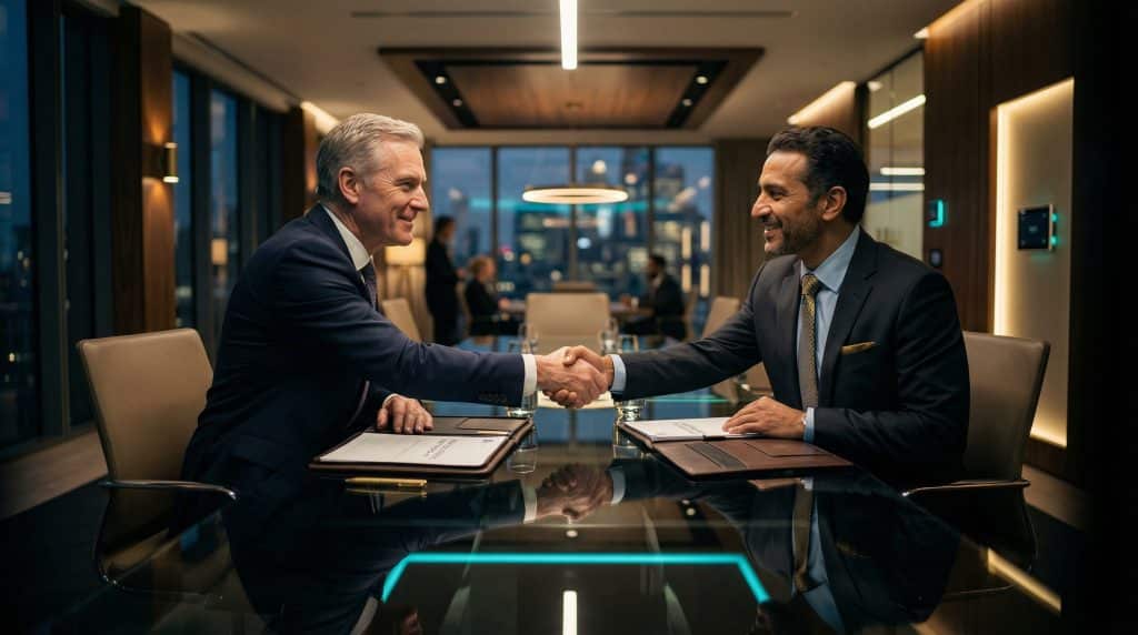 Two professional executives shaking hands across a modern boardroom table, finalizing a secure Microsoft GCC High and CMMC cybersecurity partnership with Brea Networks in El Segundo, CA.