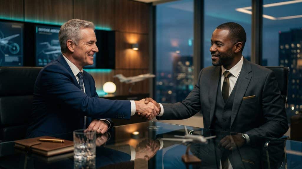 Two professional executives shaking hands across a modern boardroom table, finalizing a secure Microsoft GCC High and CMMC cybersecurity partnership with Brea Networks in Fort Collins, CO.