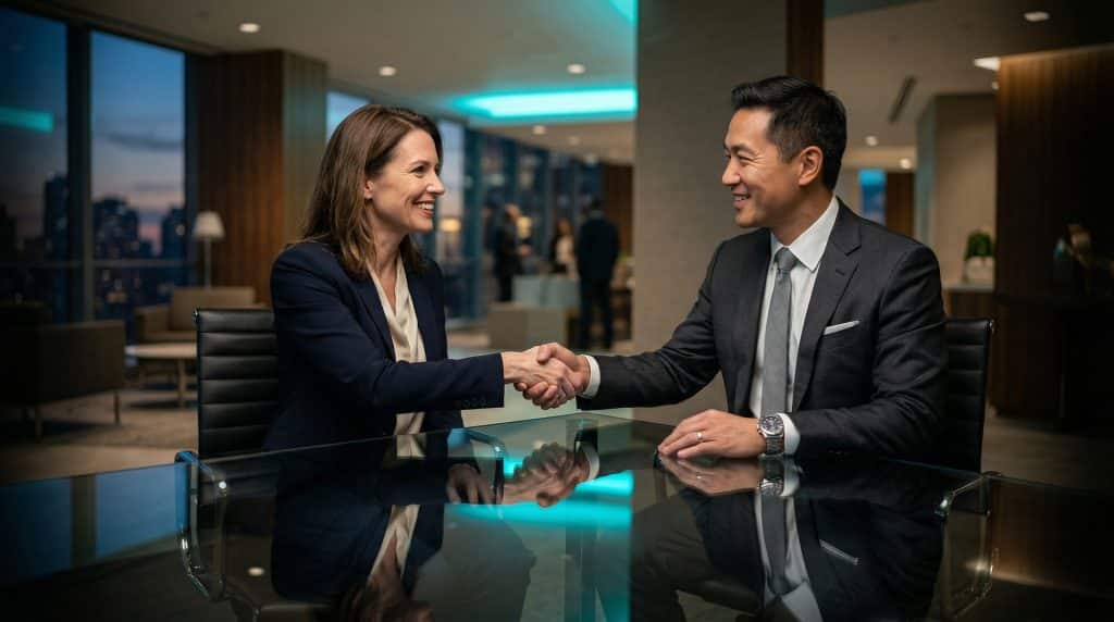 Two professional executives shaking hands across a modern boardroom table, finalizing a secure Microsoft GCC High and CMMC cybersecurity partnership with Brea Networks in Fullerton, CA.