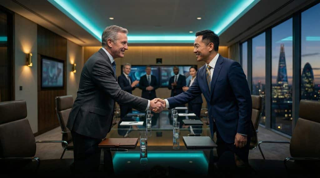 Two professional executives shaking hands across a modern boardroom table, finalizing a secure Microsoft GCC High and CMMC cybersecurity partnership with Brea Networks in Gardena, CA.