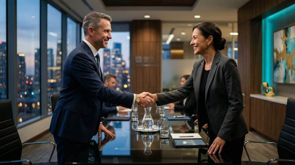 Two professional executives shaking hands across a modern boardroom table, finalizing a secure Microsoft GCC High and CMMC cybersecurity partnership with Brea Networks in Glendale, CA.