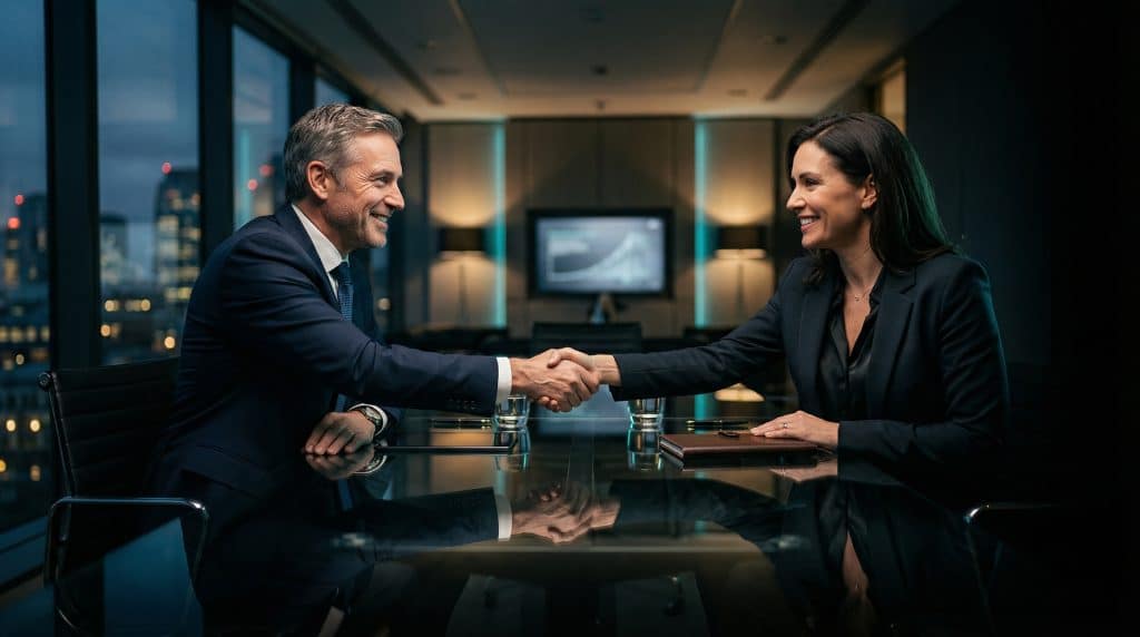 Two professional executives shaking hands across a modern boardroom table, finalizing a secure Microsoft GCC High and CMMC cybersecurity partnership with Brea Networks in Glendora, CA.
