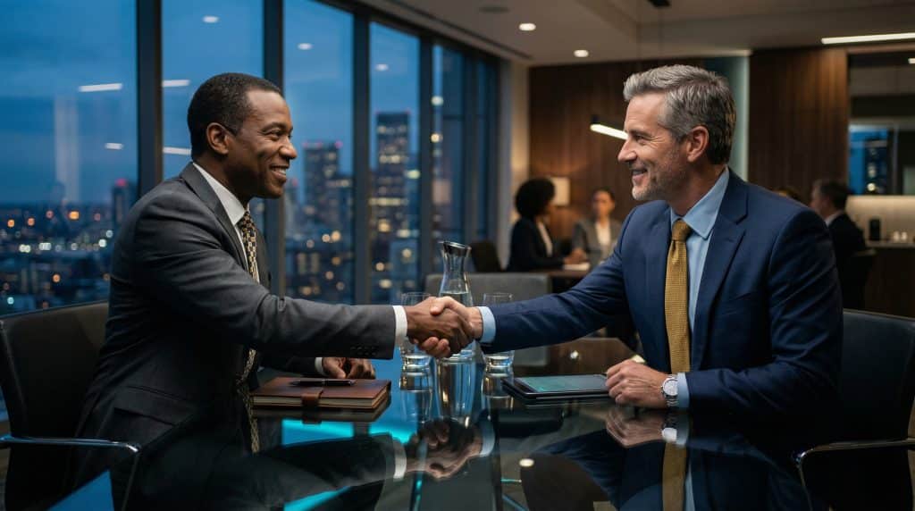 Two professional executives shaking hands across a modern boardroom table, finalizing a secure Microsoft GCC High and CMMC cybersecurity partnership with Brea Networks in Hawthorne, CA.