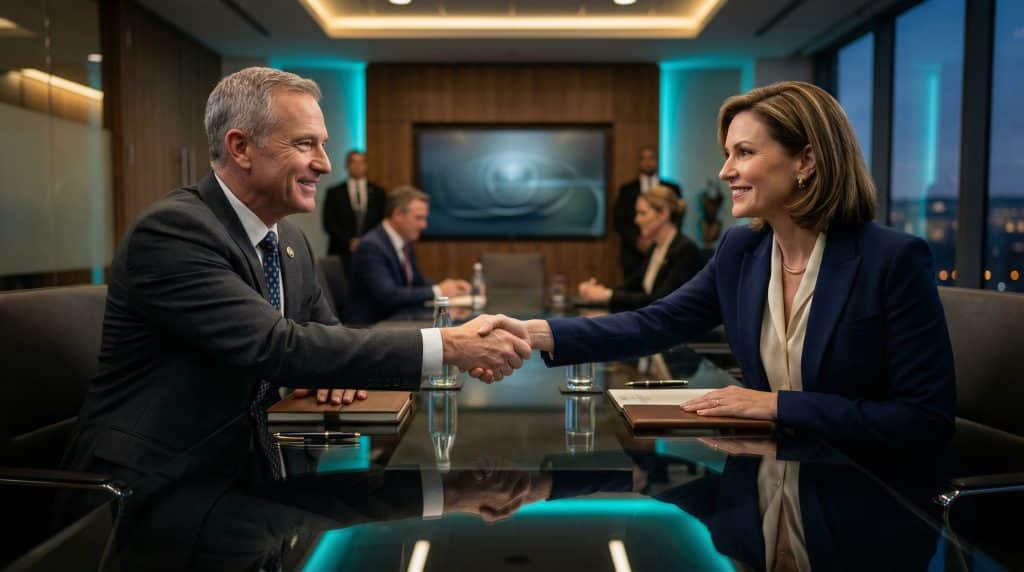 Two professional executives shaking hands across a modern boardroom table, finalizing a secure Microsoft GCC High and CMMC cybersecurity partnership with Brea Networks in Houston, TX.