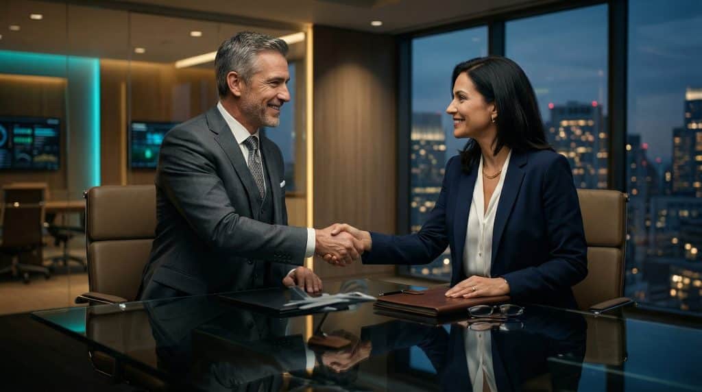 Two professional executives shaking hands across a modern boardroom table, finalizing a secure Microsoft GCC High and CMMC cybersecurity partnership with Brea Networks in Huntington Beach, CA.