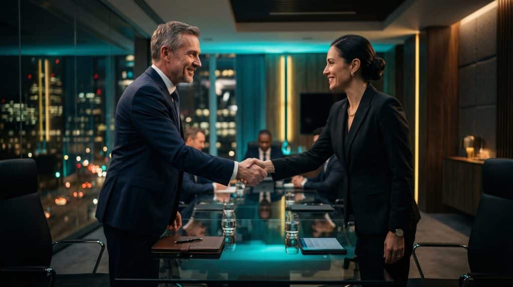 Two professional executives shaking hands across a modern boardroom table, finalizing a secure Microsoft GCC High and CMMC cybersecurity partnership with Brea Networks in Inglewood, CA.