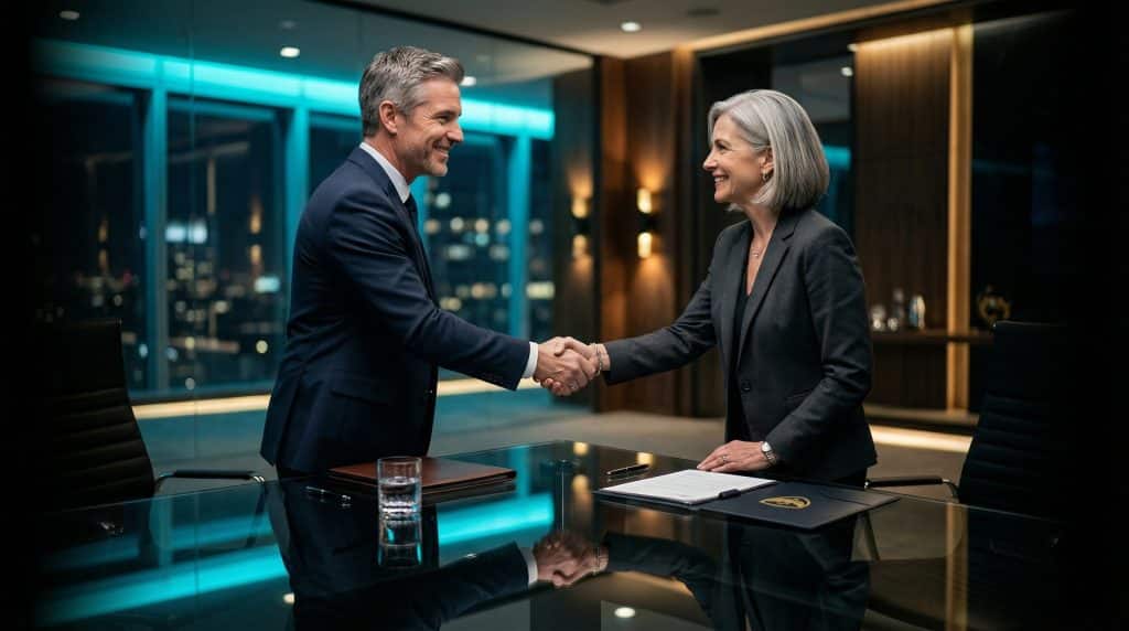 Two professional executives shaking hands across a modern boardroom table, finalizing a secure Microsoft GCC High and CMMC cybersecurity partnership with Brea Networks in La Canada Flintridge, CA.