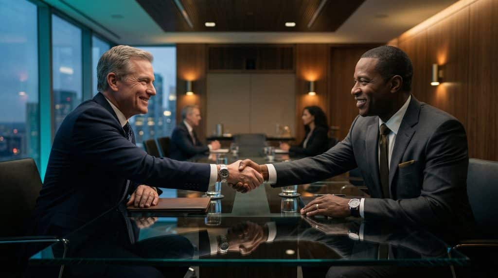 Two professional executives shaking hands across a modern boardroom table, finalizing a secure Microsoft GCC High and CMMC cybersecurity partnership with Brea Networks in La Habra, CA.
