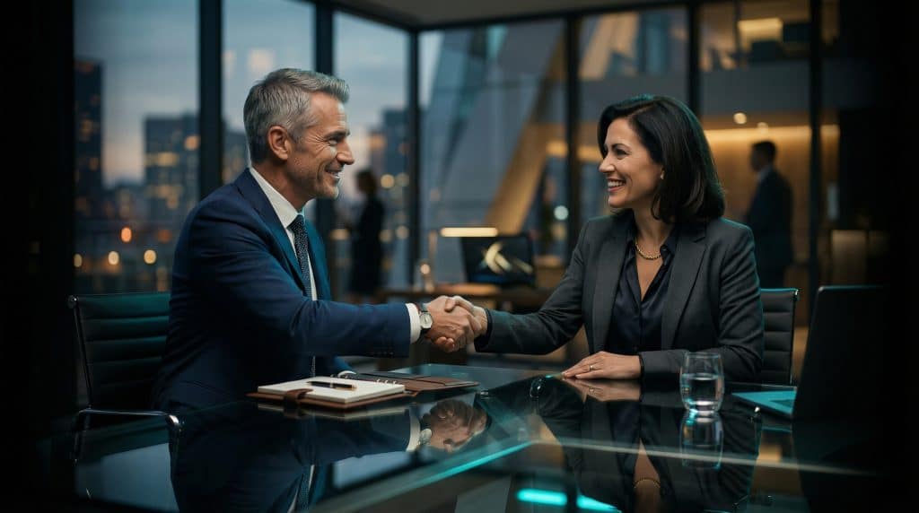 Two professional executives shaking hands across a modern boardroom table, finalizing a secure Microsoft GCC High and CMMC cybersecurity partnership with Brea Networks in Laguna Beach, CA.